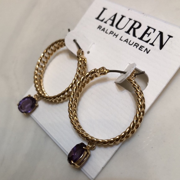 Lauren Ralph Lauren Gold Tone Chain Link Hoop Earrings Purple Crystal Charm NWT - Picture 4 of 12